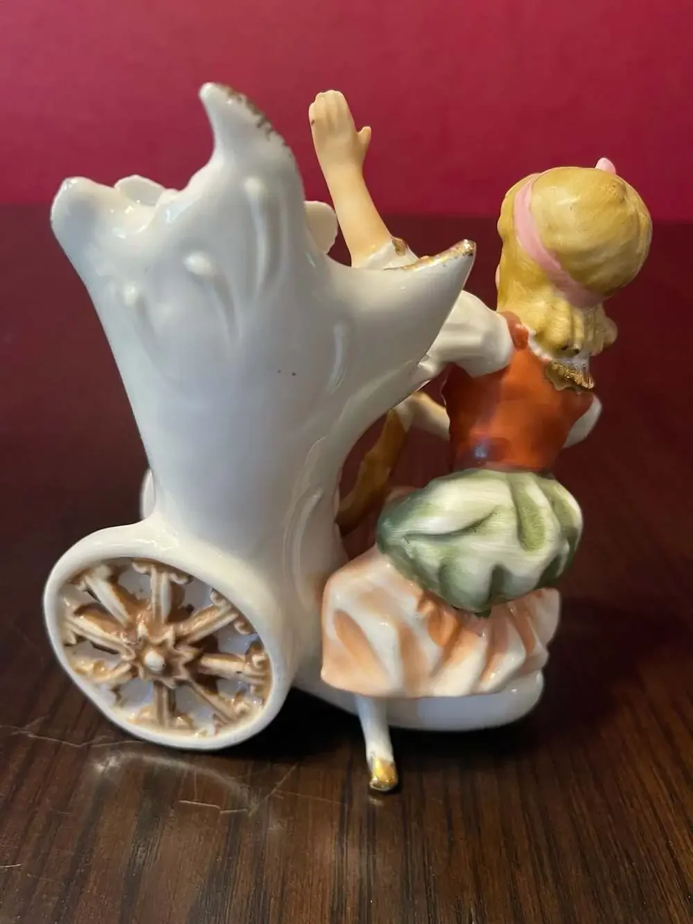 Vintage Porcelain Girl Pushing Floral Carriage Spill Vase Planter